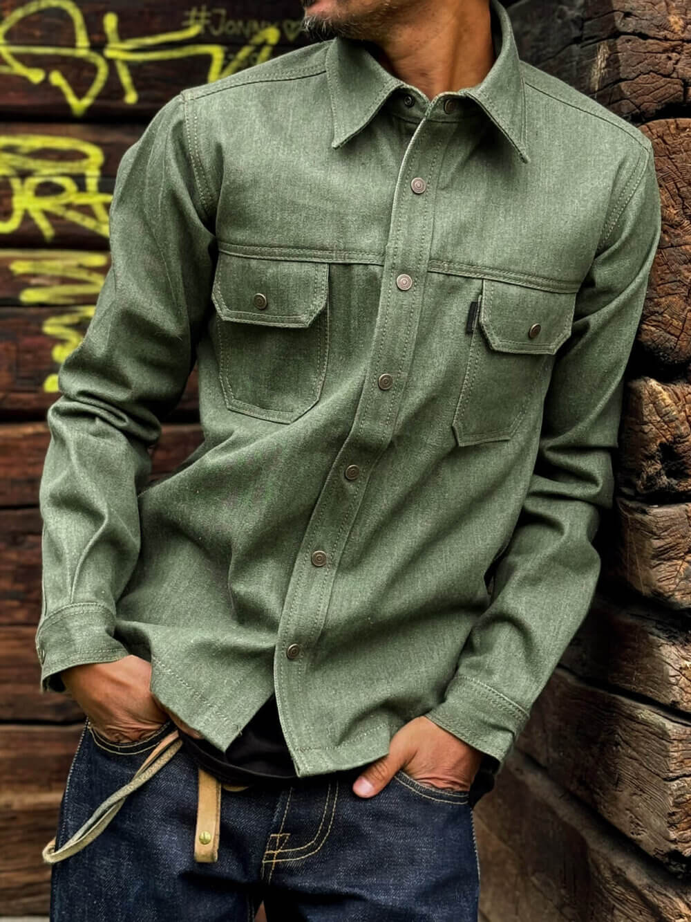 13oz Vintage Green Selvedge Denim Shirt