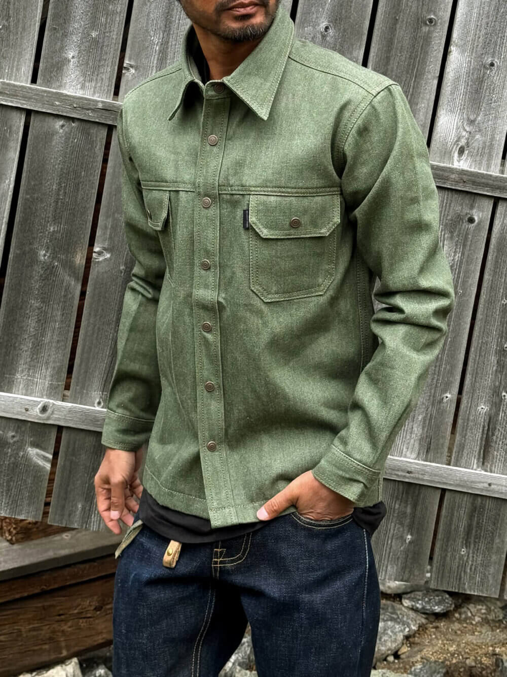 13oz Vintage Green Selvedge Denim Shirt - Image 3