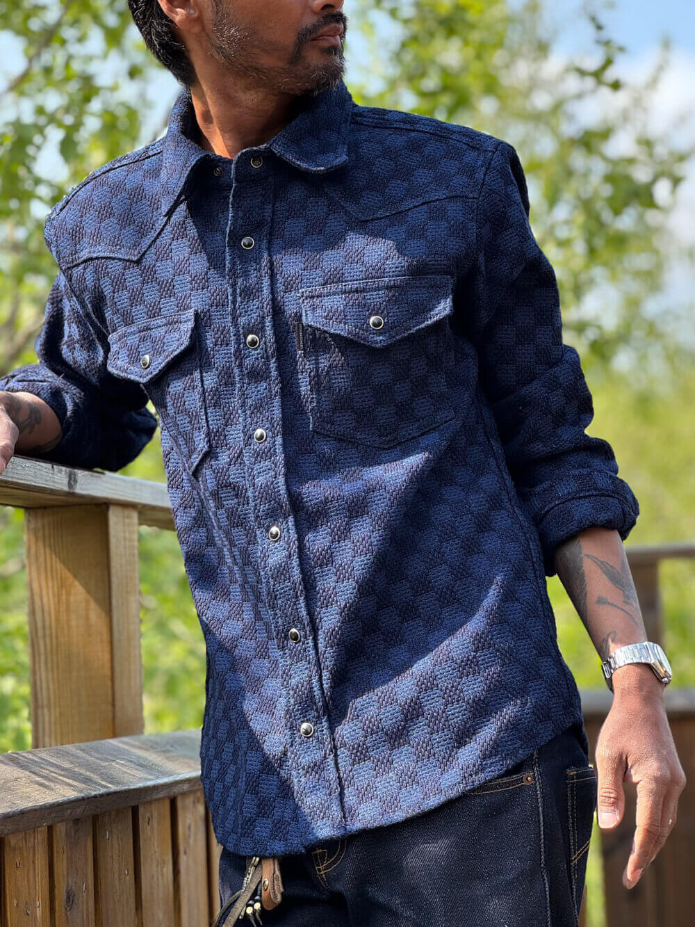 12.5oz Natural Indigo Sashiko Jacquard Shirt - Image 3