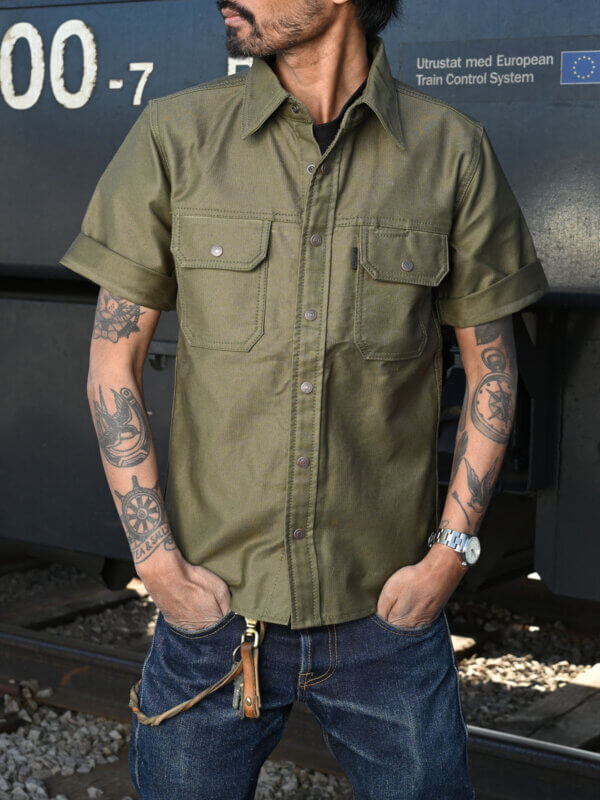 Army Green Whipcord Short Sleeve Work Shirt - 13oz